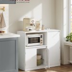 VASAGLE Custos Collection Kitchen Cabinet Storage Cabinet Sideboard with Worktop Microwave Shelf with 1 Open Compartment 3 Doors Adjustable Shelves Cloud White