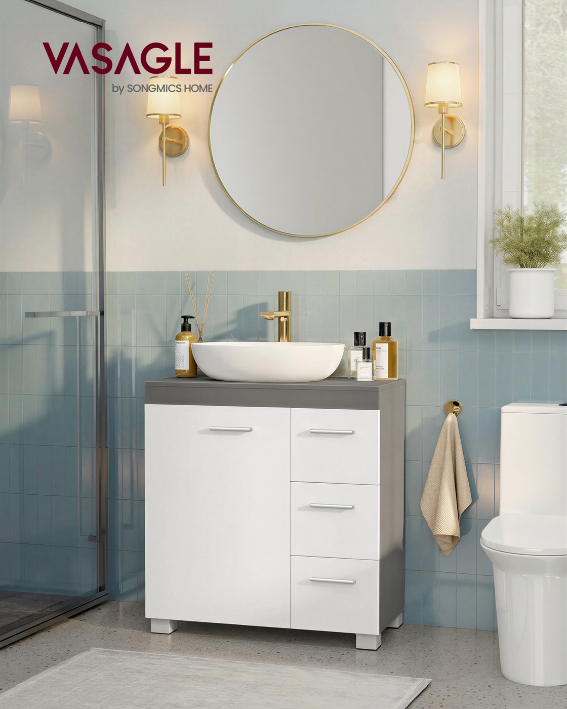 Vanity cabinet 30 x 60 x 64 cm with 2 compartments, cloud white-cement gray - Image 2