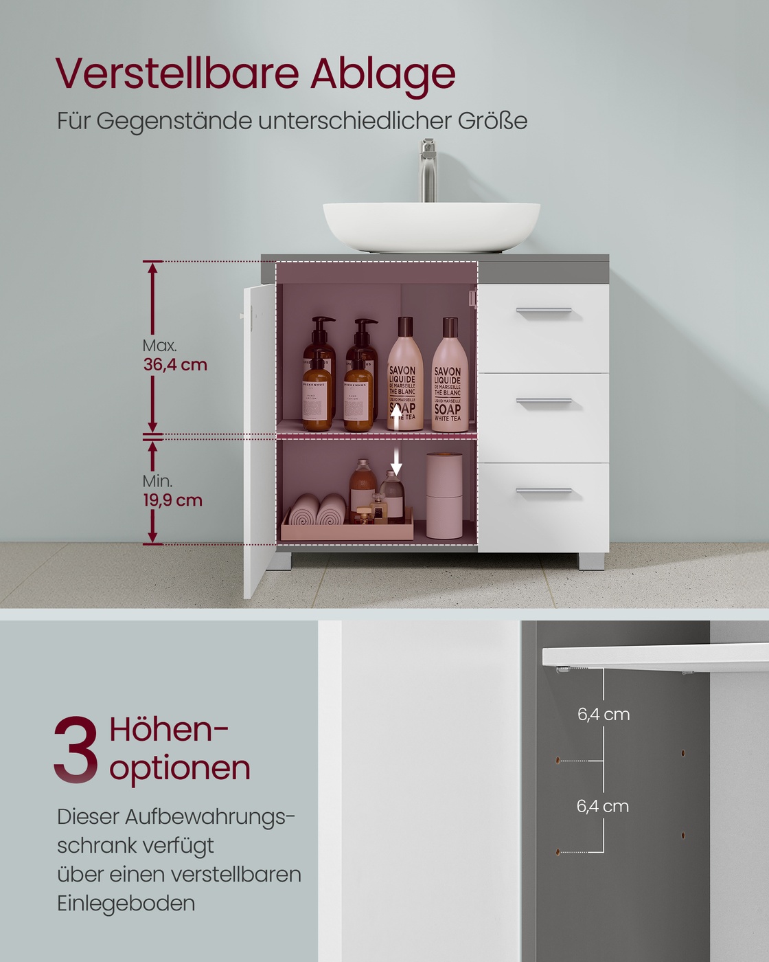 Vanity cabinet 30 x 60 x 64 cm with 2 compartments, cloud white-cement gray - Image 3