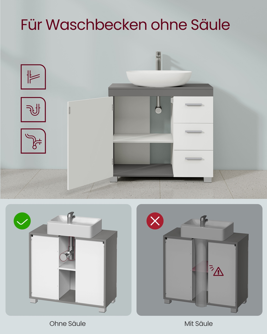 Vanity cabinet 30 x 60 x 64 cm with 2 compartments, cloud white-cement gray - Image 4