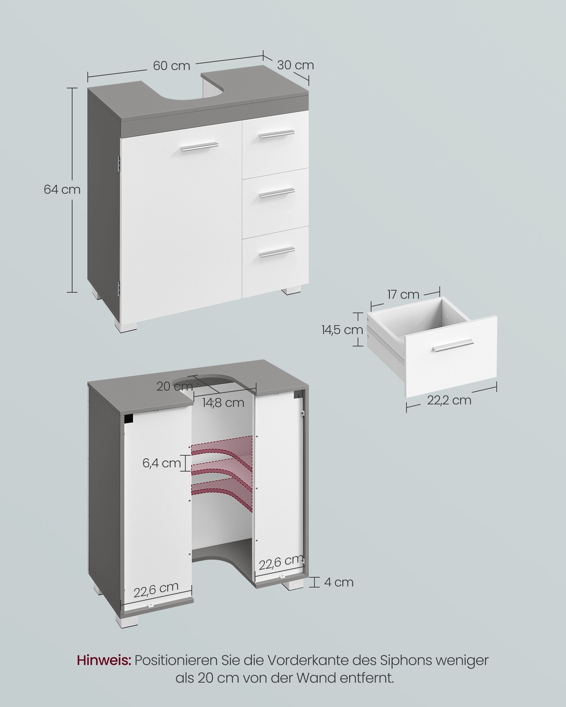 Vanity cabinet 30 x 60 x 64 cm with 2 compartments, cloud white-cement gray - Image 6