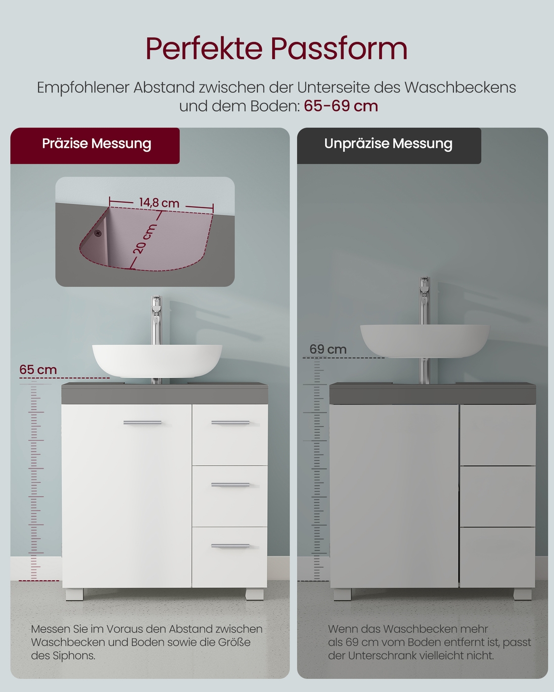 Vanity cabinet 30 x 60 x 64 cm with 2 compartments, cloud white-cement gray - Image 7