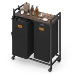 VASAGLE vasketøjskurv, vasketøjsbeholder, vasketøjssorterer, hjul, vasketøjsvogn med hylde, små sidelommer, 6 etiketter, 2 rum, 100 L, blæksort-askebrun