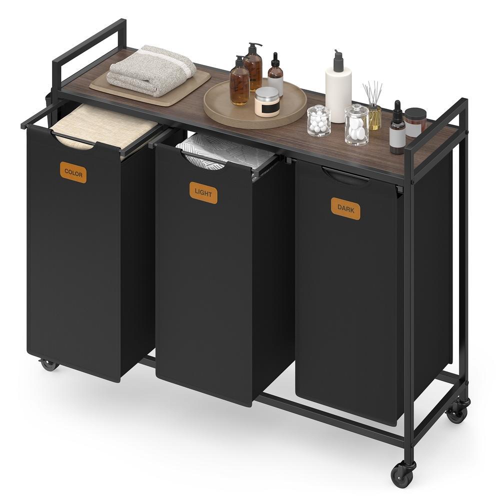 VASAGLE Laundry Basket, Laundry Collector, Laundry Sorter, Casters, Laundry Cart with Shelf, Small Side Pockets, 6 Labels, 3 Compartments, 150 L, Ink Black-Ash Brown