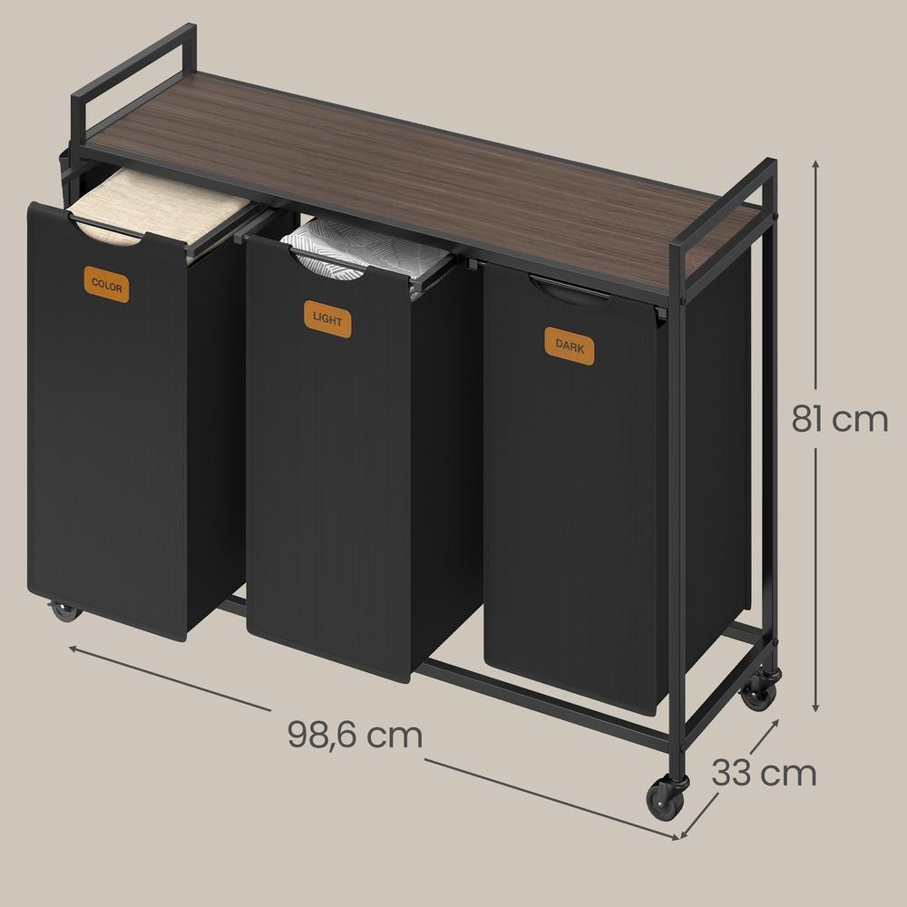 VASAGLE Laundry Basket, Laundry Collector, Laundry Sorter, Casters, Laundry Cart with Shelf, Small Side Pockets, 6 Labels, 3 Compartments, 150 L, Ink Black-Ash Brown - Image 2