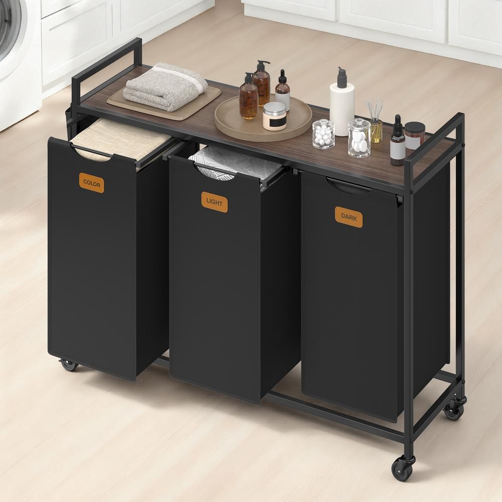 VASAGLE Laundry Basket, Laundry Collector, Laundry Sorter, Casters, Laundry Cart with Shelf, Small Side Pockets, 6 Labels, 3 Compartments, 150 L, Ink Black-Ash Brown - Image 4