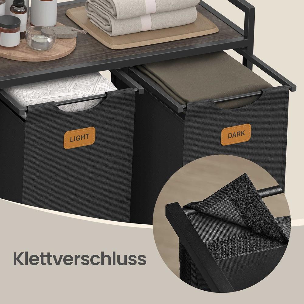 VASAGLE Laundry Basket, Laundry Collector, Laundry Sorter, Casters, Laundry Cart with Shelf, Small Side Pockets, 6 Labels, 3 Compartments, 150 L, Ink Black-Ash Brown - Image 7