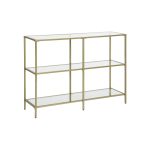 VASAGLE konsolbord, sidebord med 3 hylder i hårdt glas, sofabord, moderne opbevaringsreol, stabilt, nem montering, stue, entre, soveværelse, køkken, guldfarvet