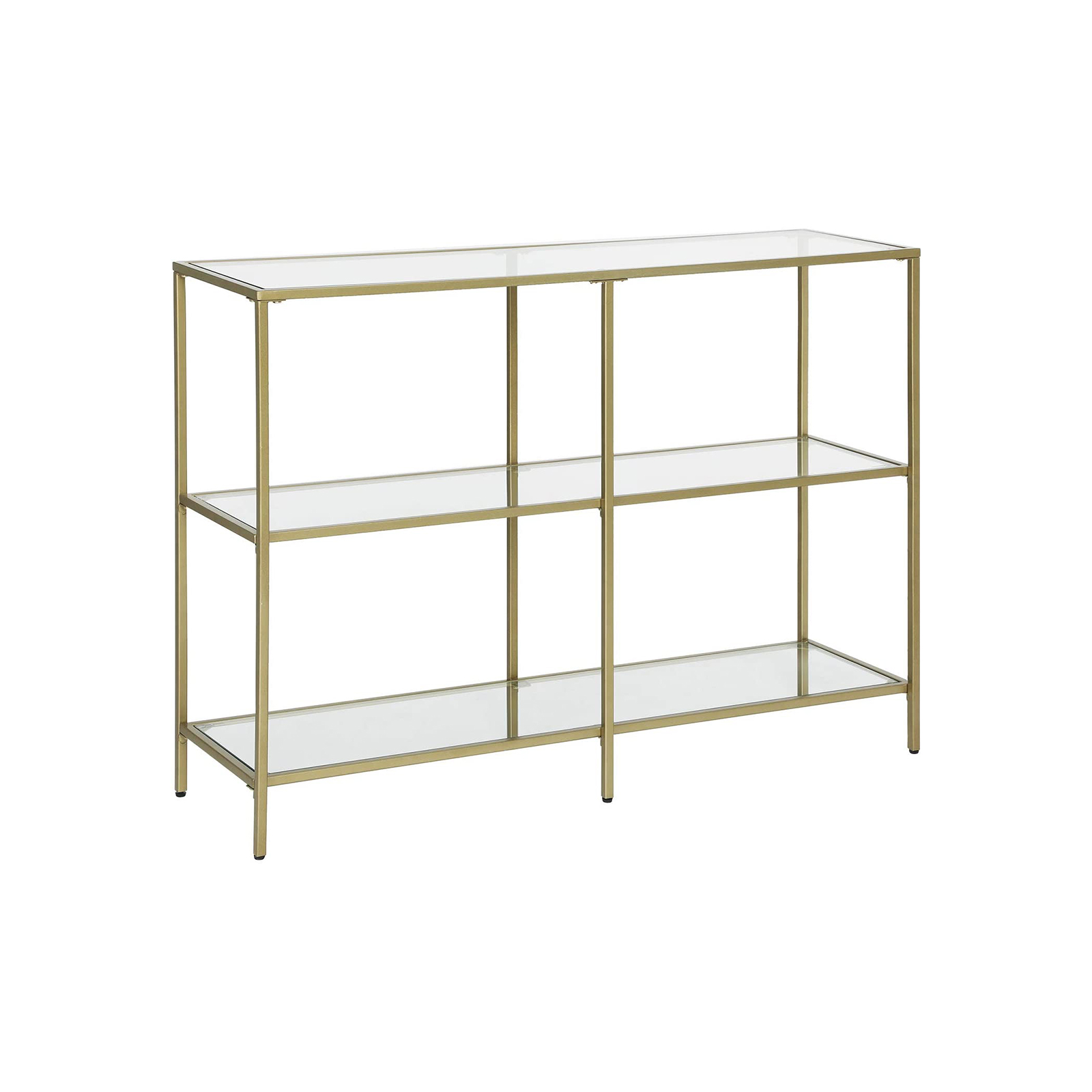 VASAGLE Konsolbord, sidobord med 3 hyllor i härdat glas, soffbord, modernt förvaringsbord, stabilt, enkel montering, vardagsrum, hall, sovrum, kök, guldfärgat