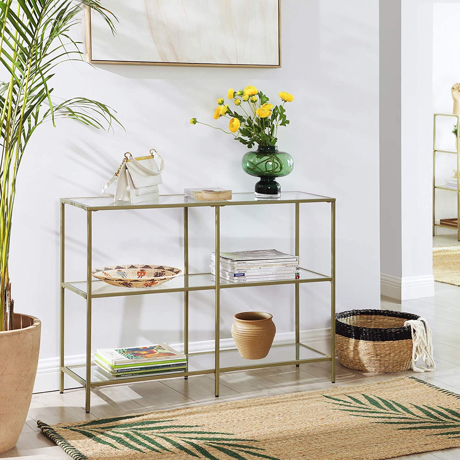 VASAGLE Konsolbord, sidobord med 3 hyllor i härdat glas, soffbord, modernt förvaringsbord, stabilt, enkel montering, vardagsrum, hall, sovrum, kök, guldfärgat - Bild 3