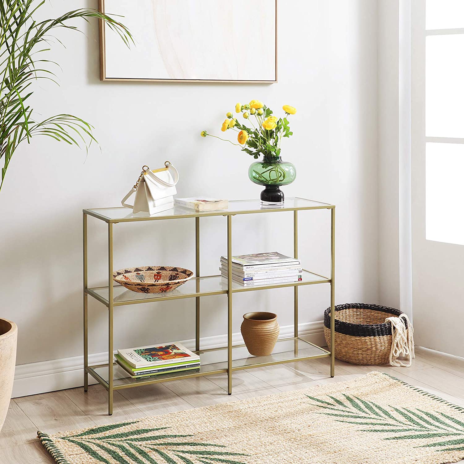 VASAGLE Konsolbord, sidobord med 3 hyllor i härdat glas, soffbord, modernt förvaringsbord, stabilt, enkel montering, vardagsrum, hall, sovrum, kök, guldfärgat - Bild 4