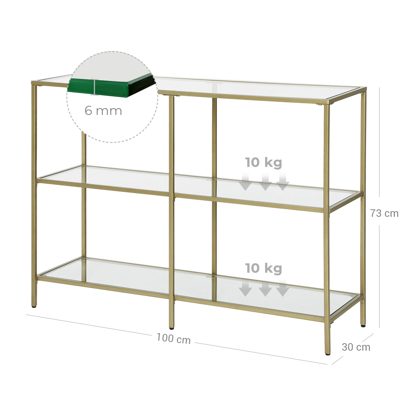 VASAGLE Konsolbord, sidobord med 3 hyllor i härdat glas, soffbord, modernt förvaringsbord, stabilt, enkel montering, vardagsrum, hall, sovrum, kök, guldfärgat - Bild 6