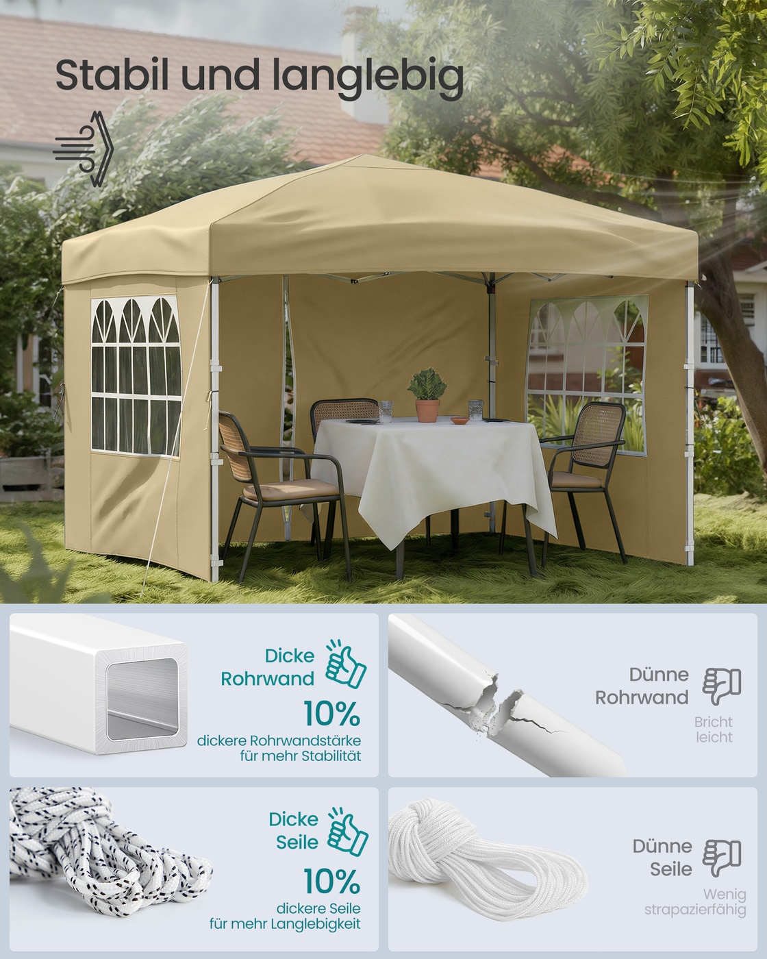 Sammenleggbar paviljong 3 x 3 m for hage og fester med 4 sidevegger, beige - Bilde 3