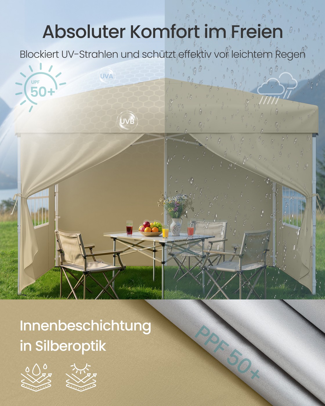 Sammenleggbar paviljong 3 x 3 m for hage og fester med 4 sidevegger, beige - Bilde 4