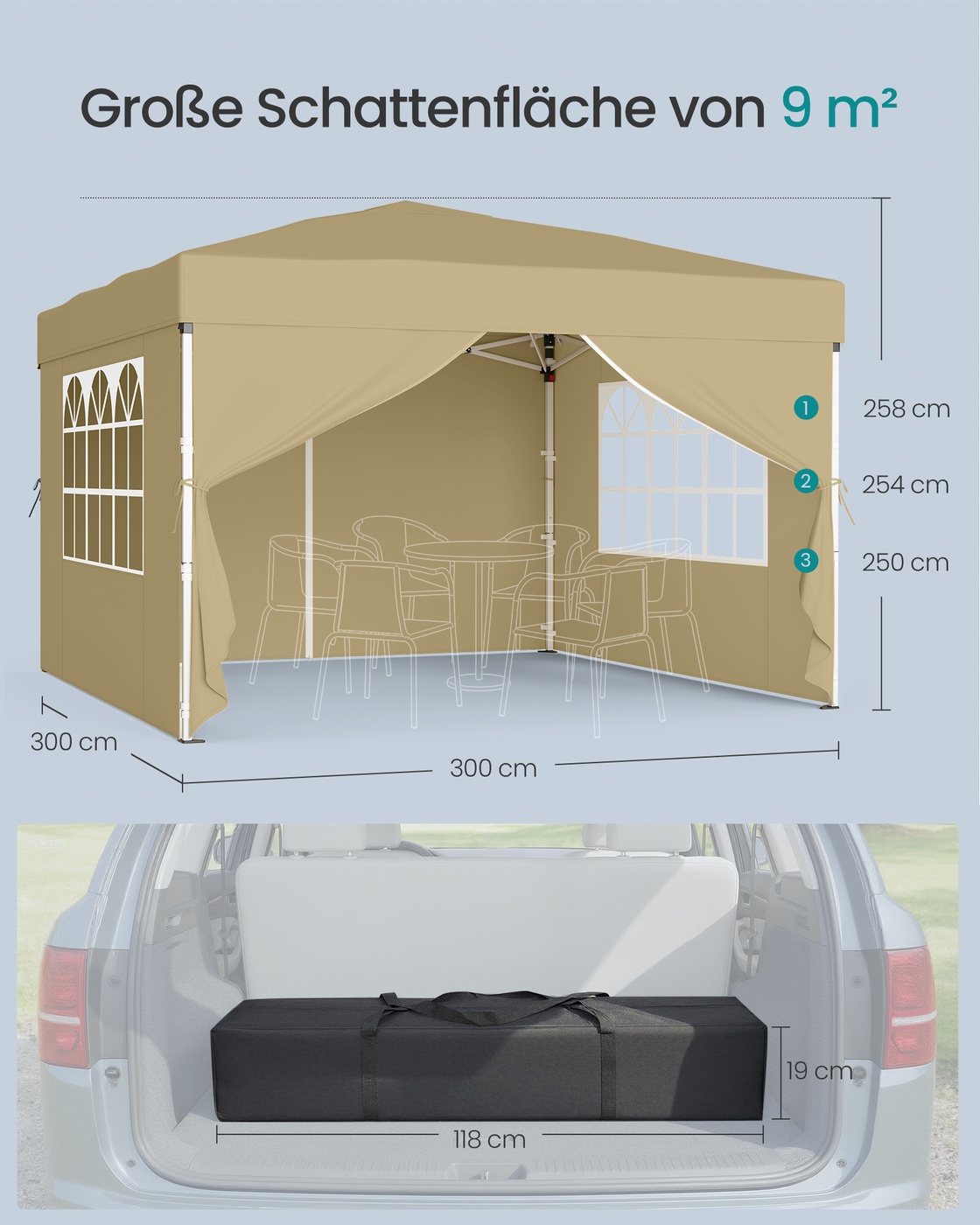 Sammenleggbar paviljong 3 x 3 m for hage og fester med 4 sidevegger, beige - Bilde 5