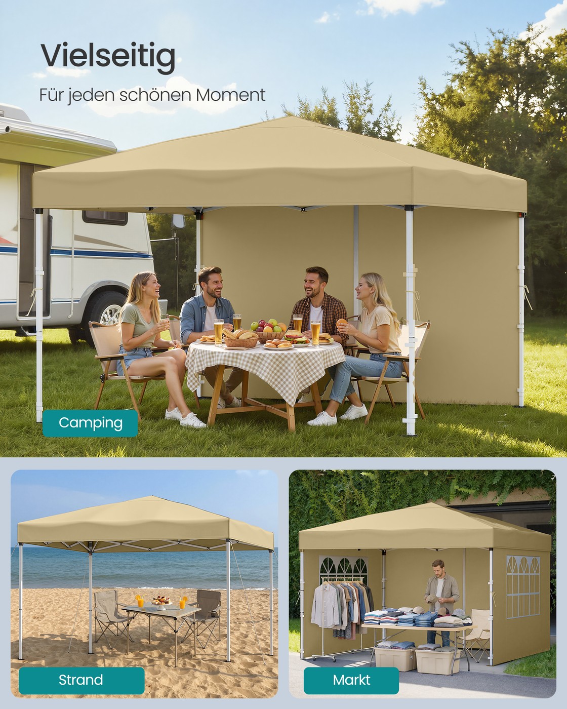 Sammenleggbar paviljong 3 x 3 m for hage og fester med 4 sidevegger, beige - Bilde 6