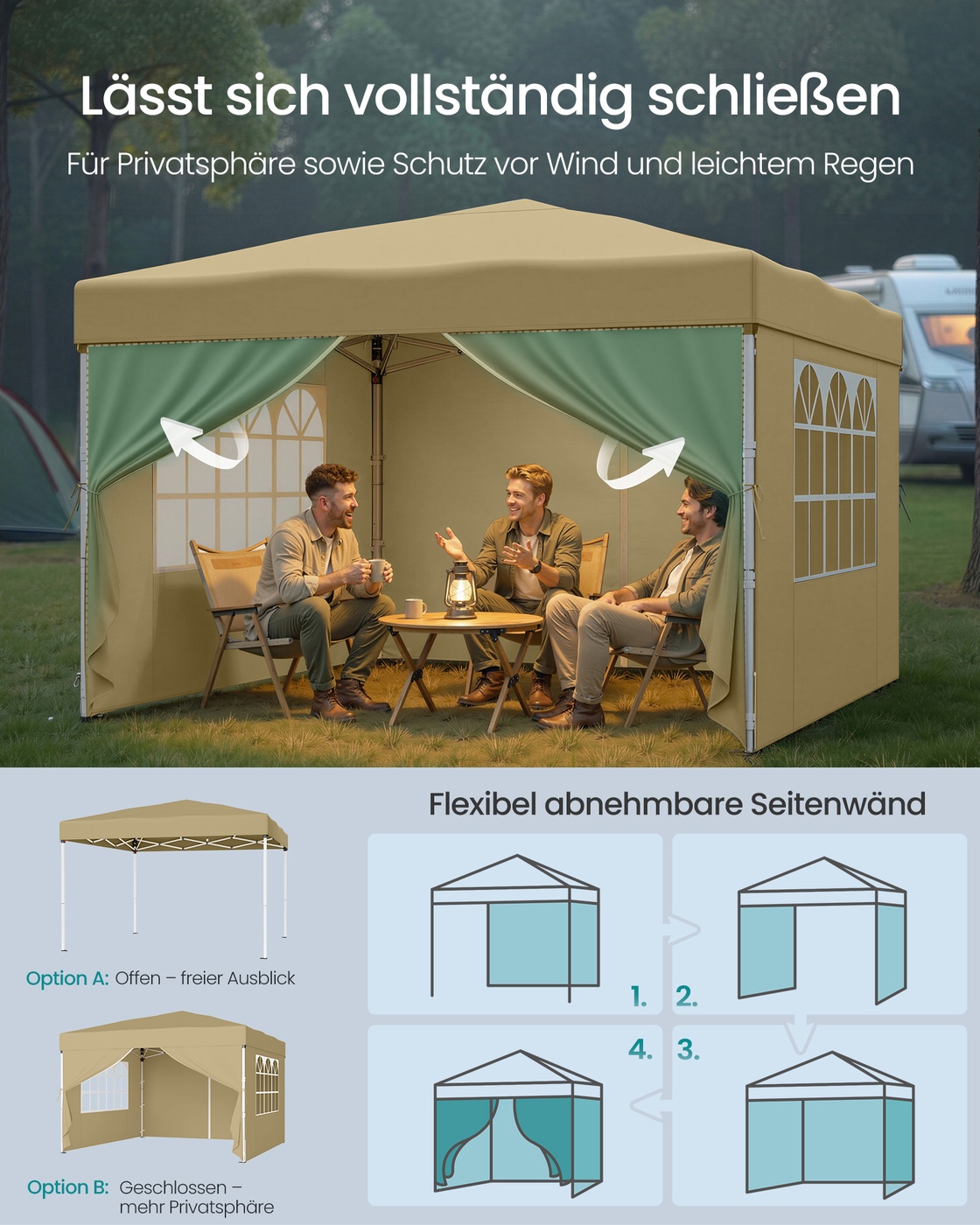 Sammenleggbar paviljong 3 x 3 m for hage og fester med 4 sidevegger, beige - Bilde 7