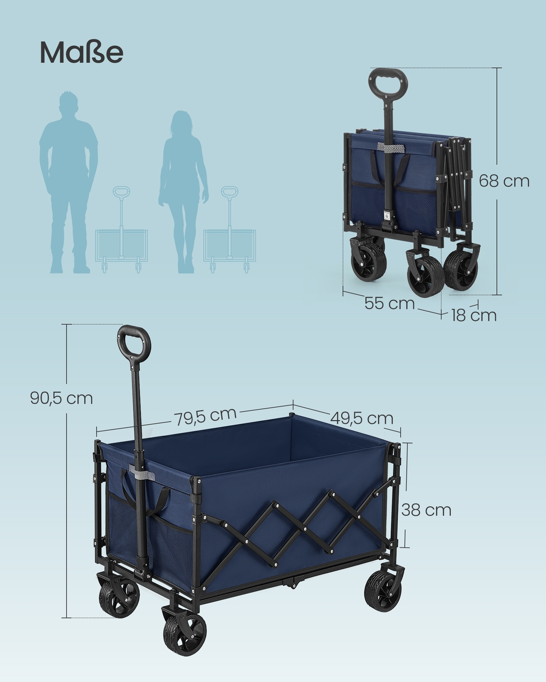 SONGMICS Lille sammenklappelig håndvogn, havevogn, kompakt, med håndtag, med 4 forstærkede hjul, heraf 2 universalhjul, belastning op til 150 kg, udendørs, have, 150 L, midnatsblå - Billede 7