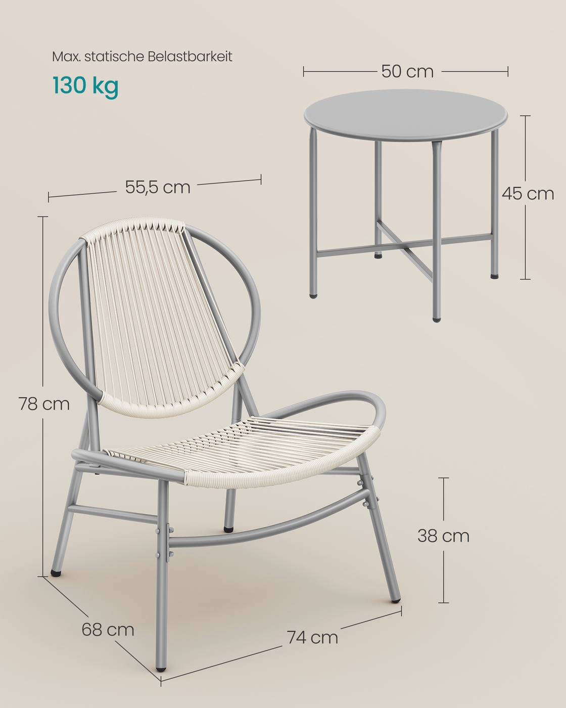 SONGMICS balkongmøbler, sett med 3 stk., hagemøbelsett, av PE-polyrattan, utendørs, med bord, 2 stoler, til terrasse, hage, balkong - Bilde 6