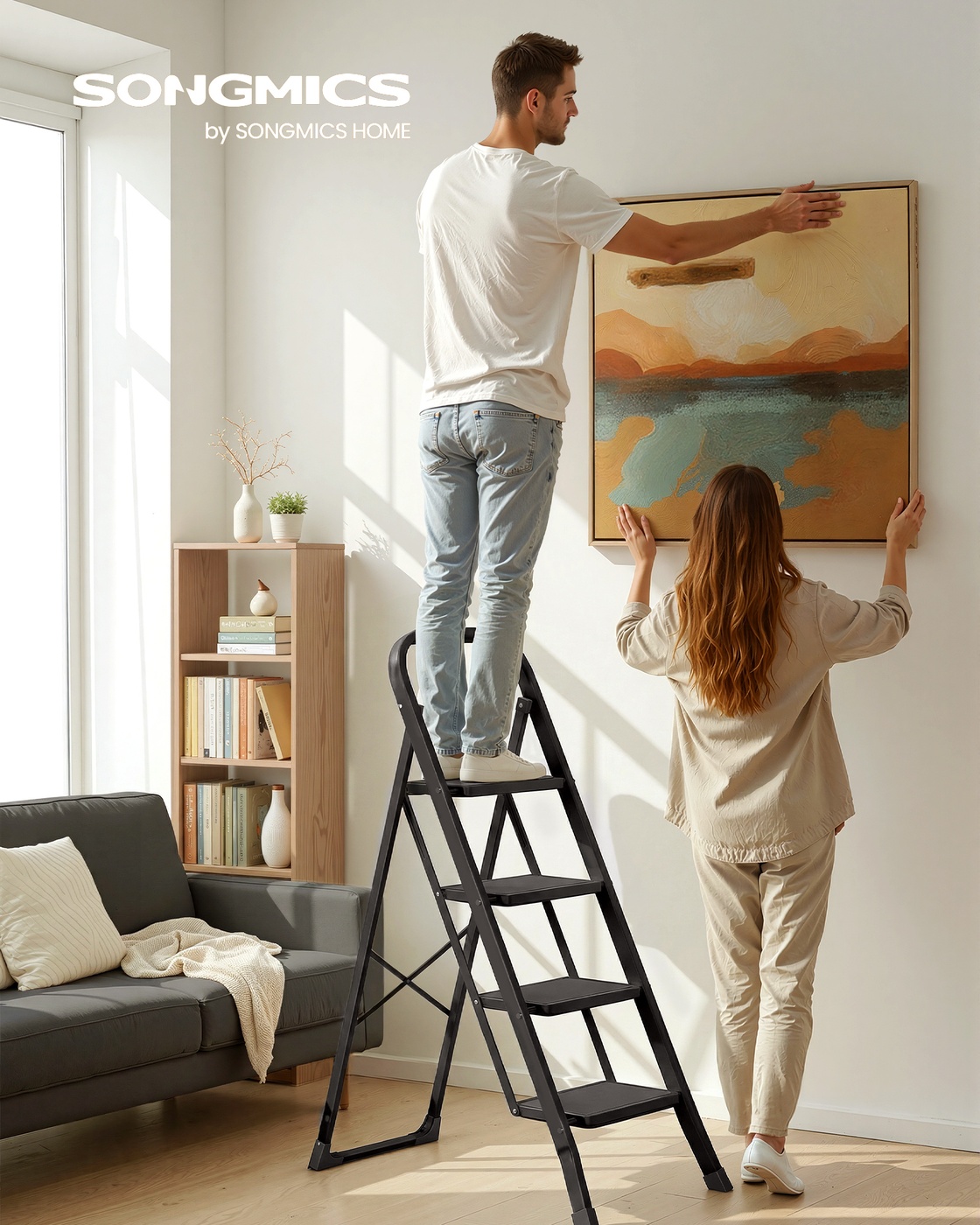 4-step folding stepladder with folding lock 89 x 45 x 127 cm black - Image 2