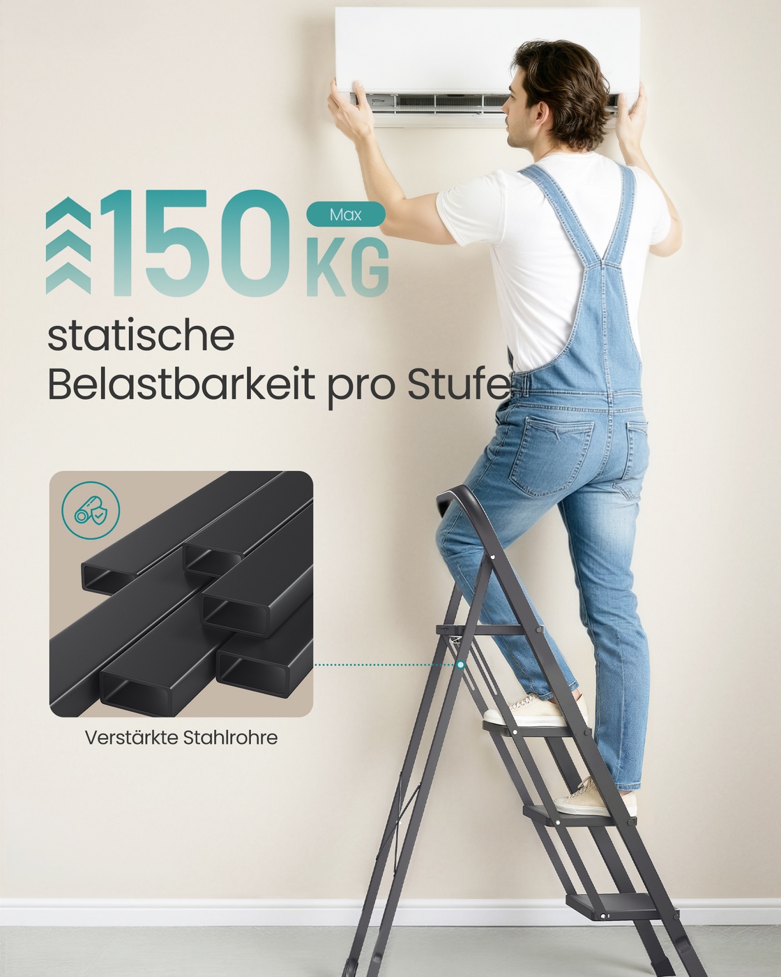 4-step folding stepladder with folding lock 89 x 45 x 127 cm black - Image 3