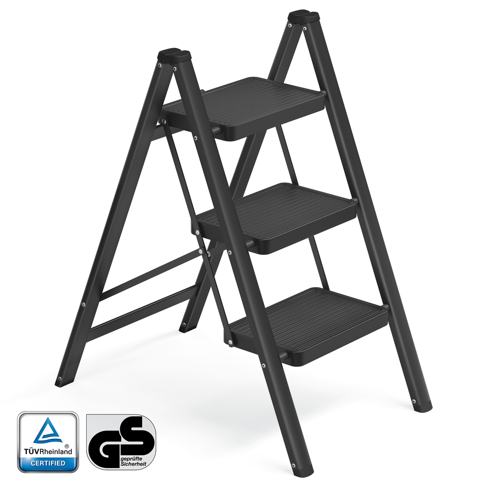 Folding step ladder, 3 steps, 150 kg, steel, 73.5 x 43.4 x 85.5 cm, black