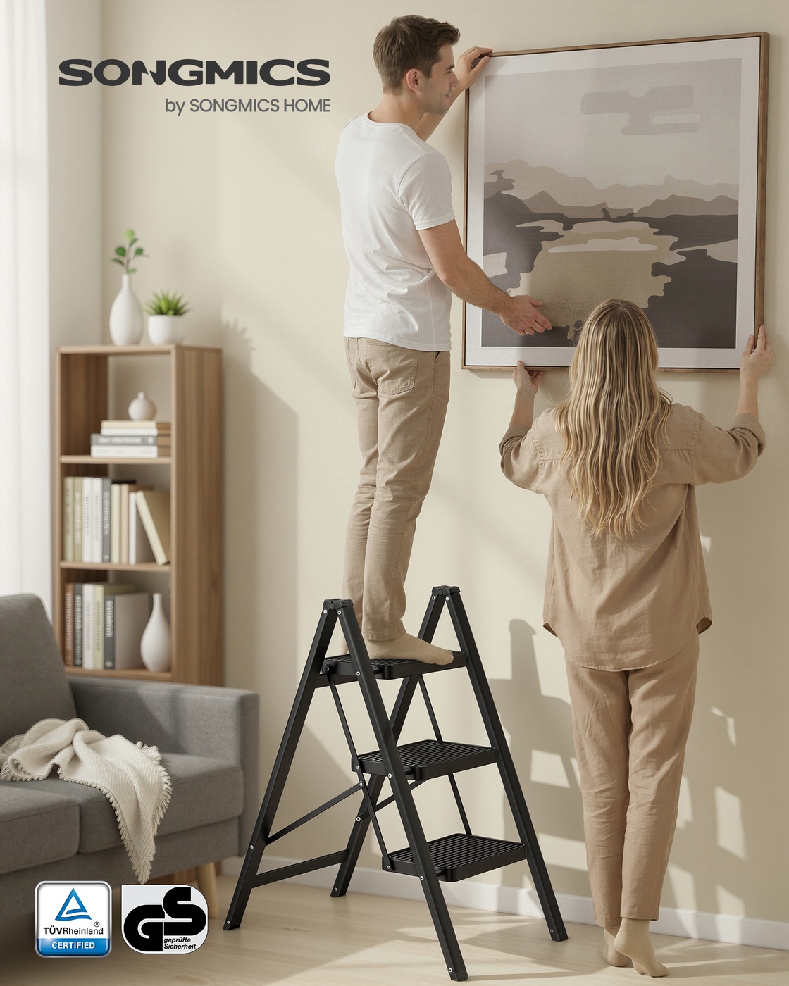 Folding step ladder, 3 steps, 150 kg, steel, 73.5 x 43.4 x 85.5 cm, black - Image 2