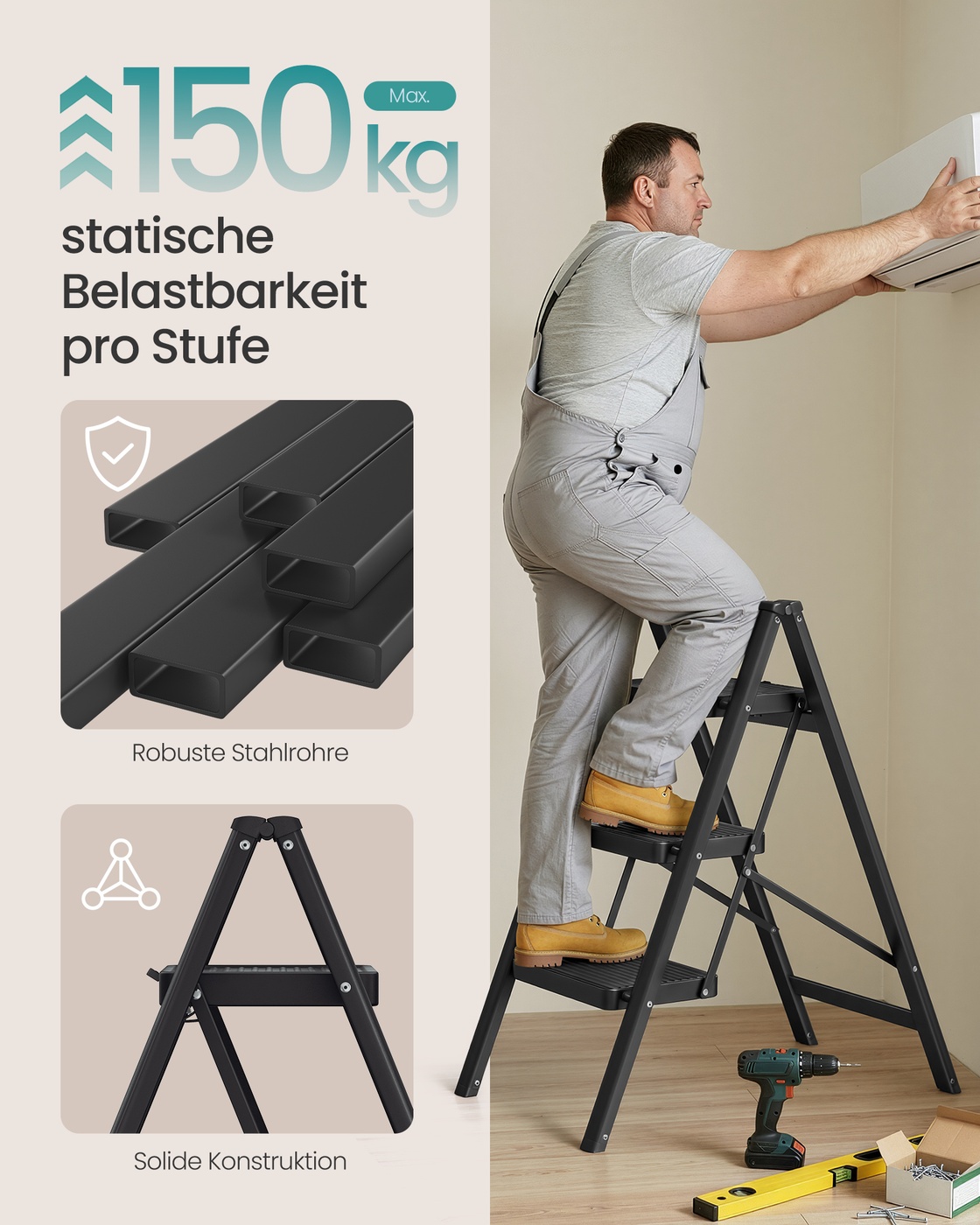 Folding step ladder, 3 steps, 150 kg, steel, 73.5 x 43.4 x 85.5 cm, black - Image 3