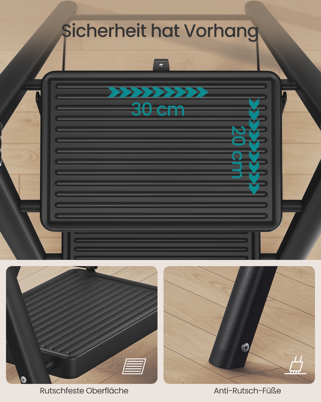 Folding step ladder, 3 steps, 150 kg, steel, 73.5 x 43.4 x 85.5 cm, black - Image 4