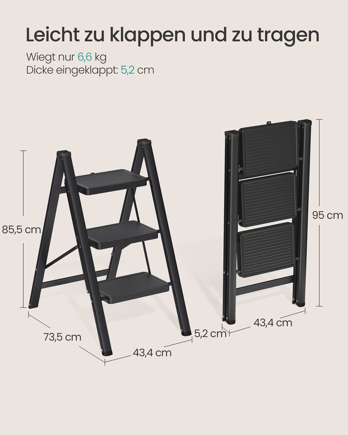 Folding step ladder, 3 steps, 150 kg, steel, 73.5 x 43.4 x 85.5 cm, black - Image 6
