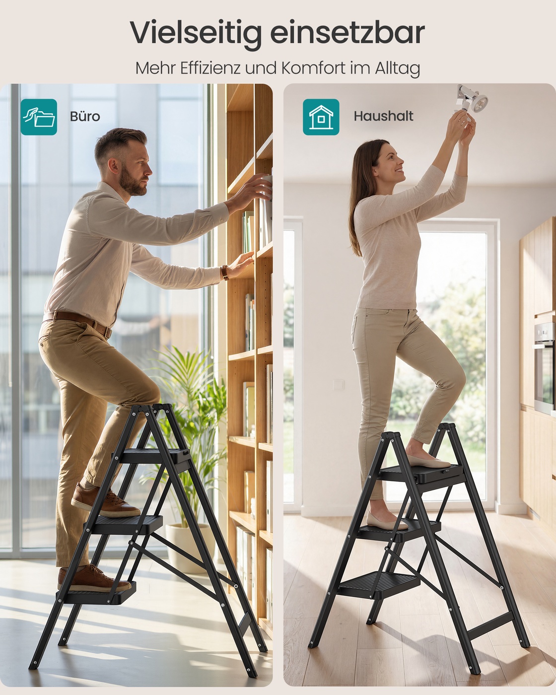 Folding step ladder, 3 steps, 150 kg, steel, 73.5 x 43.4 x 85.5 cm, black - Image 7