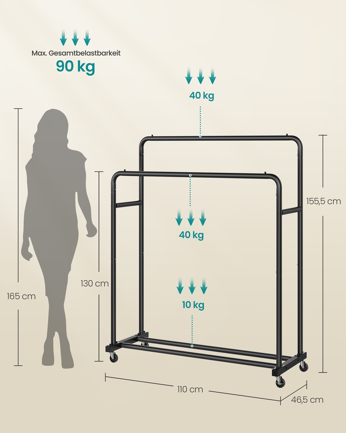 Clothes Rack Double Rods Holds up to 90 kg 46.5 x 110 x 155.5 cm Ink Black - Image 5