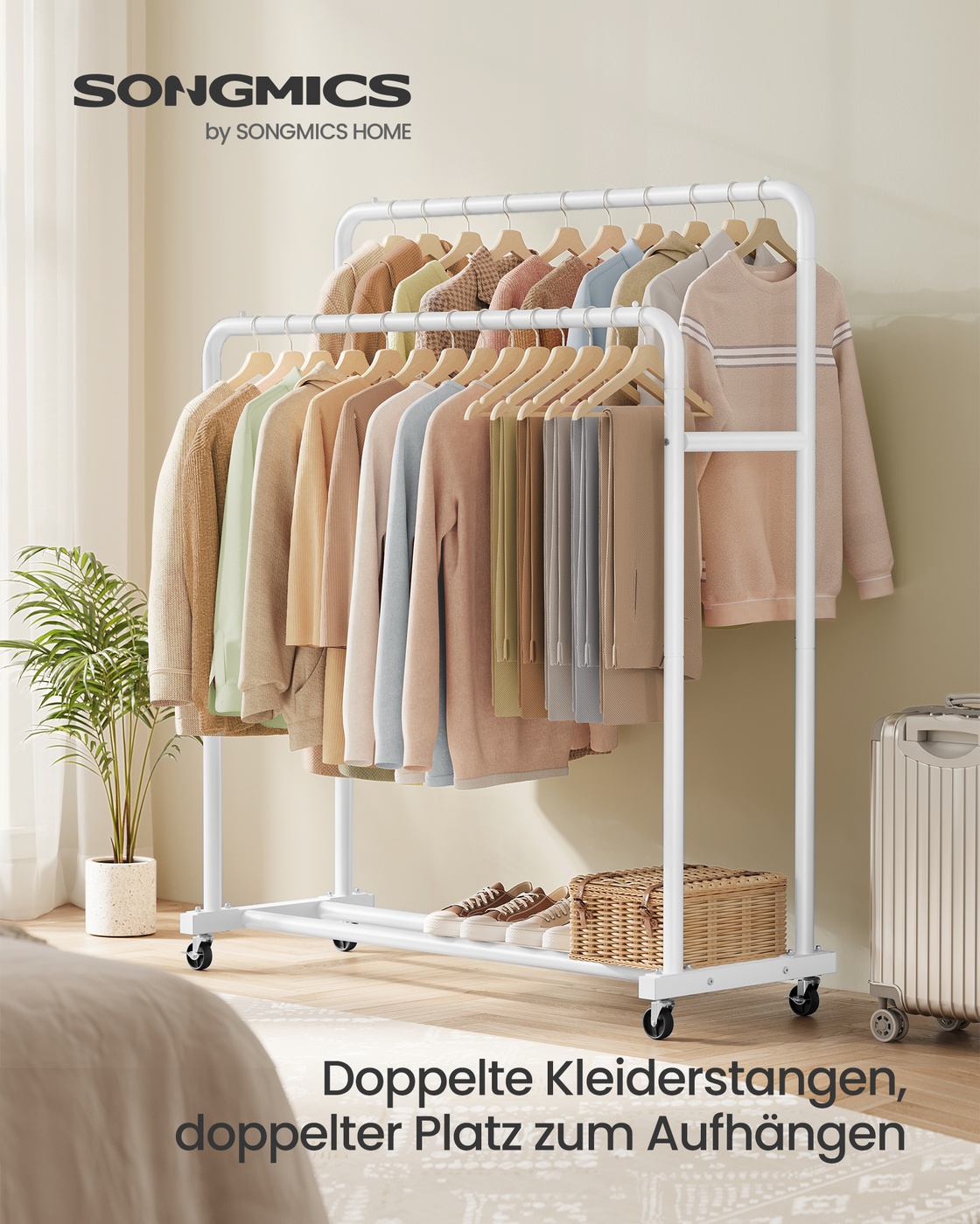 Tøjstativ med dobbelt stang bærer op til 90 kg 46,5 x 110 x 155,5 cm mat hvid - Billede 2
