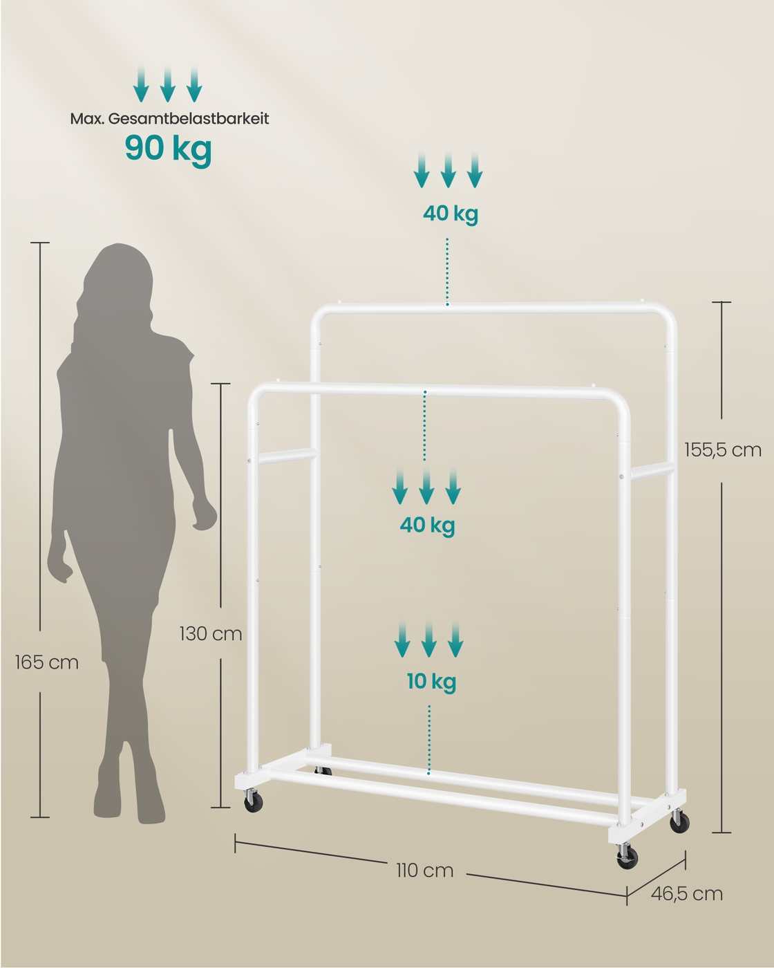 Tøjstativ med dobbelt stang bærer op til 90 kg 46,5 x 110 x 155,5 cm mat hvid - Billede 5