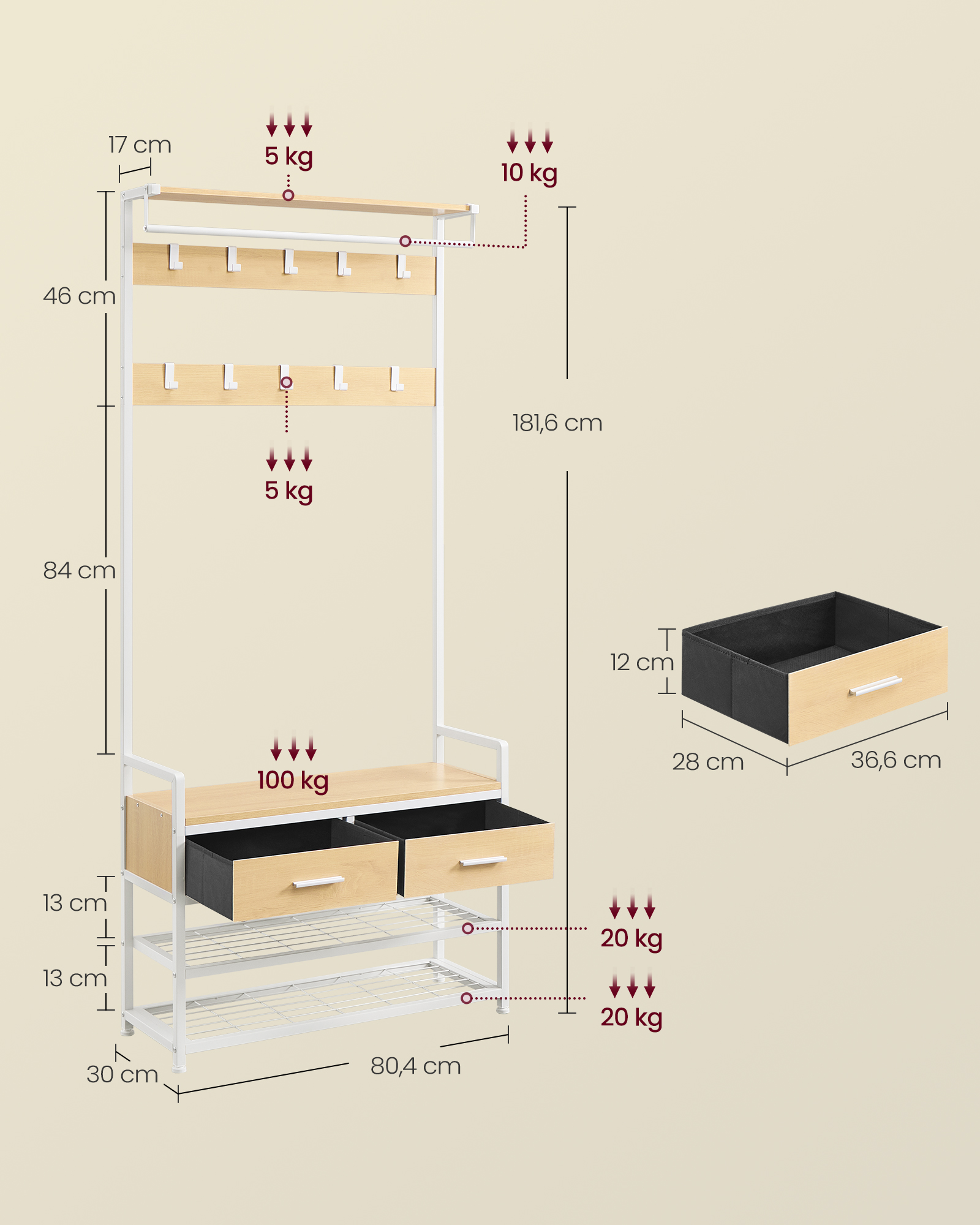 VASAGLE Garderobestativ til entreen med 10 aftagelige kroge, 2 skuffer, skobænk, adskilleligt design, 30 x 80,5 x 181,5 cm, gylden eg og mat hvid - Billede 5