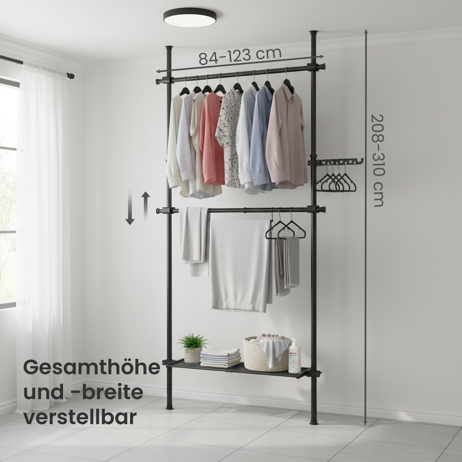 3-hyllig klädställning, höjd- och breddjusterbar, öppen klädställning med 2 klädstänger och 1 hylla - Bild 5