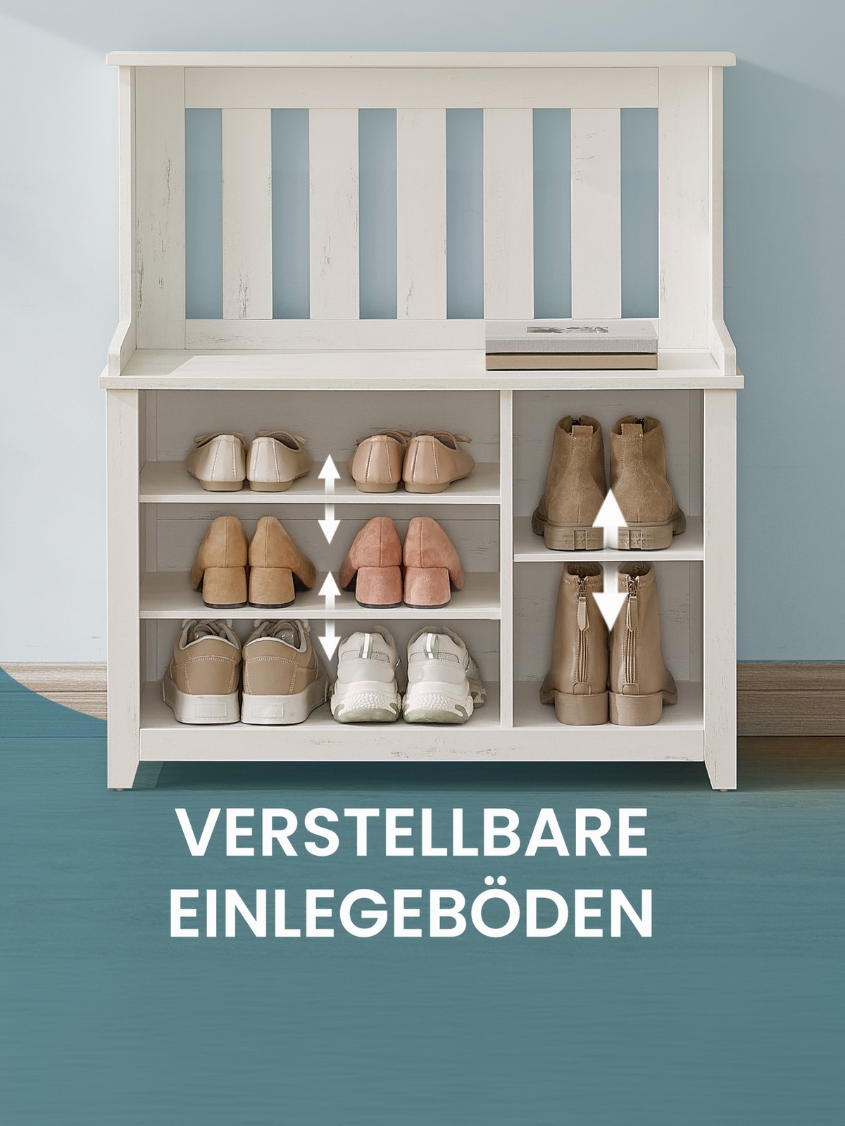 VASAGLE vaatesäilytysteline, vaatehylly, kenkäpenkki, eteisteline, takkiteline hyllyllä, 7 kaksoiskoukkua takkeille ja hattuille, eteiseen, makuuhuoneeseen, olohuoneeseen, 35 x 81 x 180 cm, vintage-valkoinen - Image 6