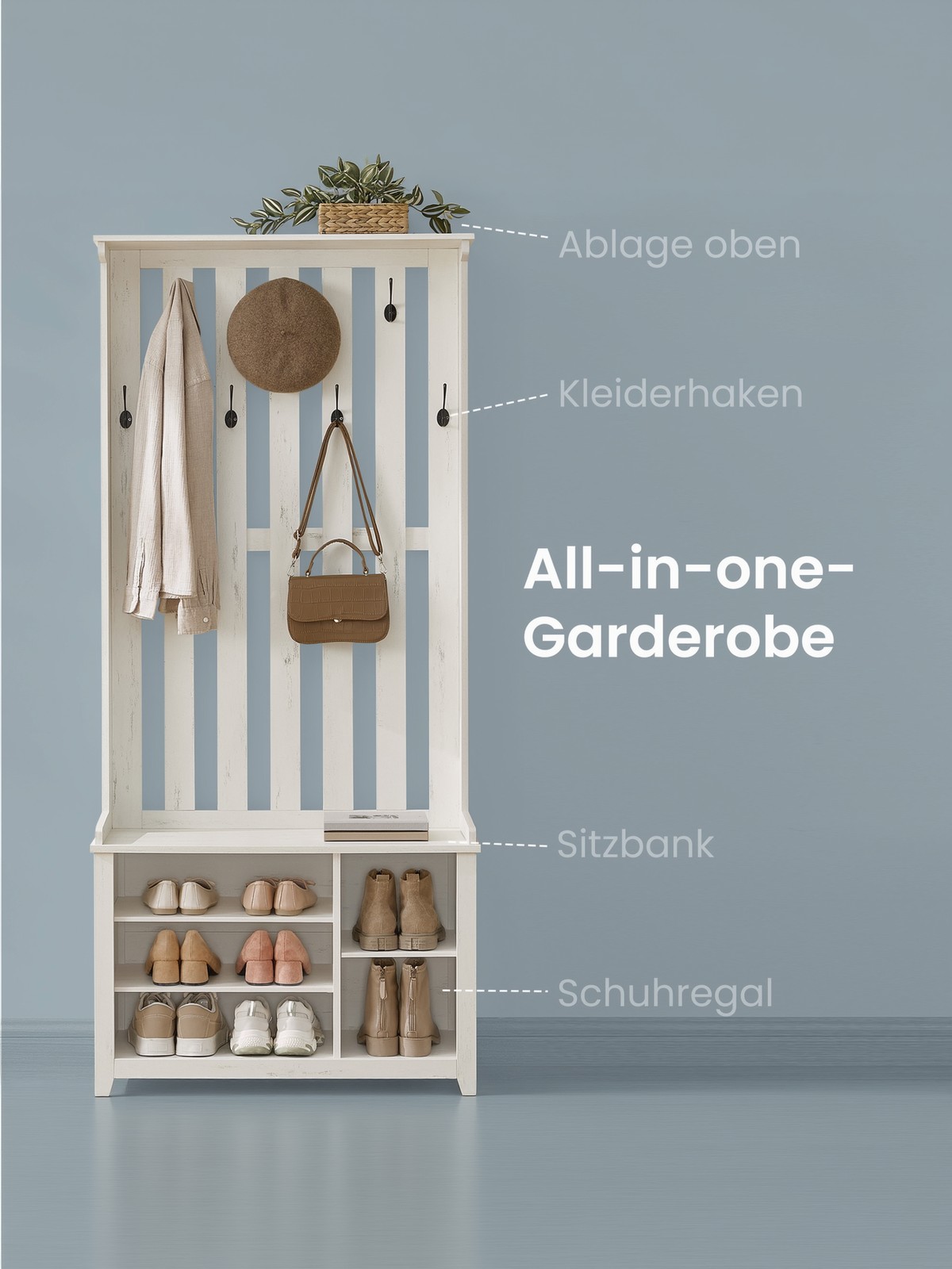 VASAGLE vaatesäilytysteline, vaatehylly, kenkäpenkki, eteisteline, takkiteline hyllyllä, 7 kaksoiskoukkua takkeille ja hattuille, eteiseen, makuuhuoneeseen, olohuoneeseen, 35 x 81 x 180 cm, vintage-valkoinen - Image 9