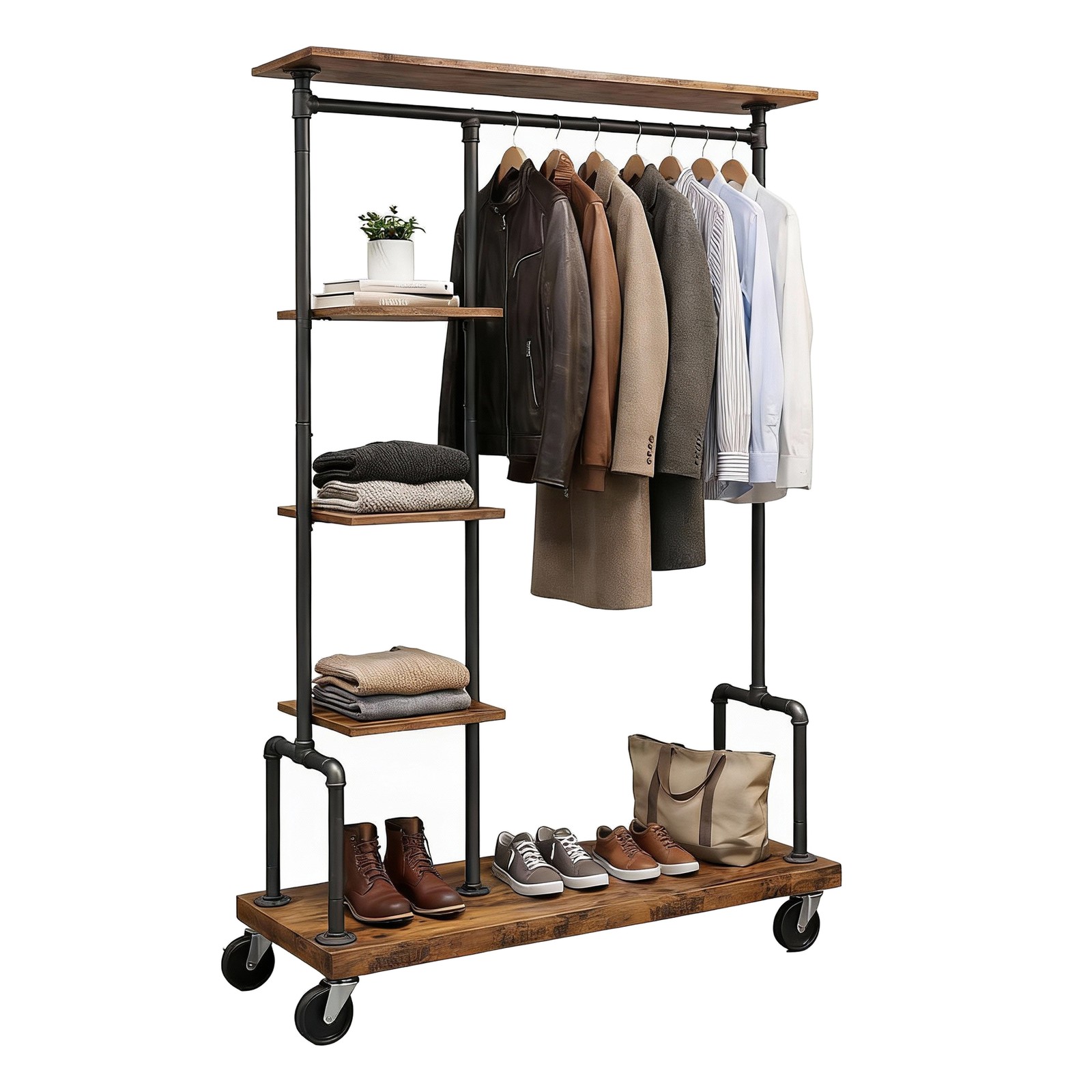 VASAGLE garderobestativ, tøjstativ på hjul, med 5 hylder, af metalrør, trælook, vintage, mørkebrun - Billede 2