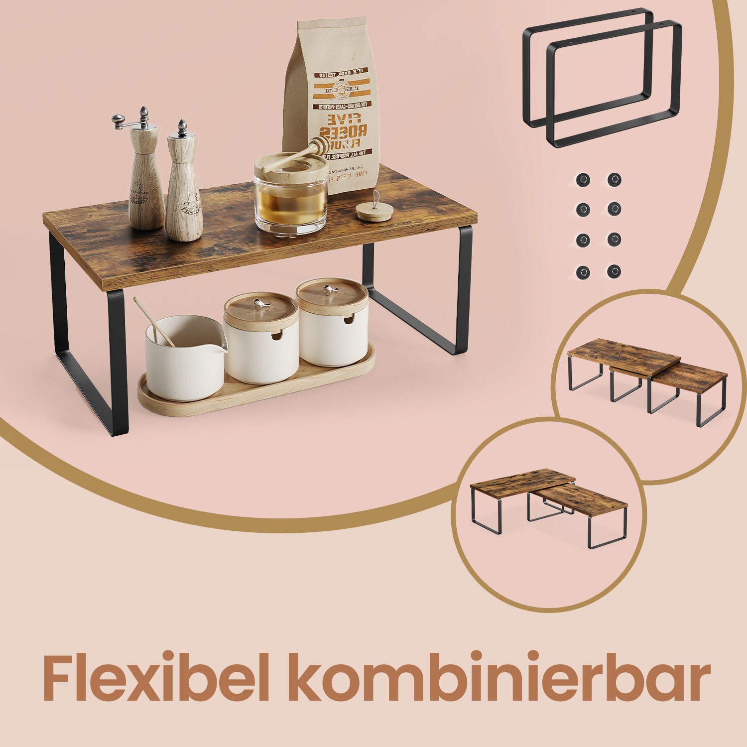 Krydderhylle, sett med 2 stk. kjøkkenorganiserer, kjøkkenhylle, skaporganiserer til kjøkken, utvidbar, stabelbar, skyhvit-naturbeige - Bilde 4