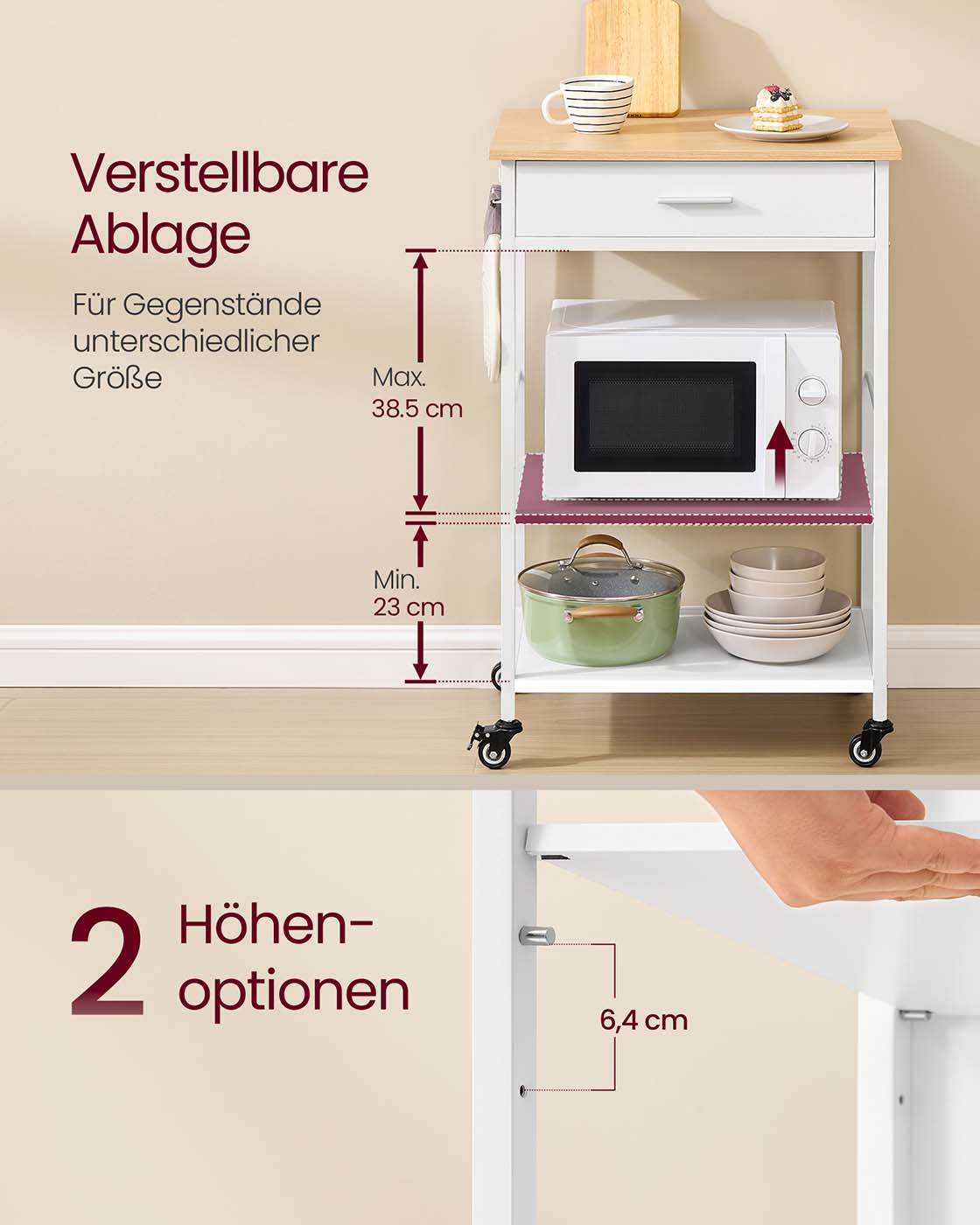 Køkkenvogn med hjul, mobil serveringsvogn med opbevaringsplads, køkkenø, 47 x 60 x 90 cm, skuffe, 2 kroge, til spisestuen, egebeg-mat hvid - Billede 4