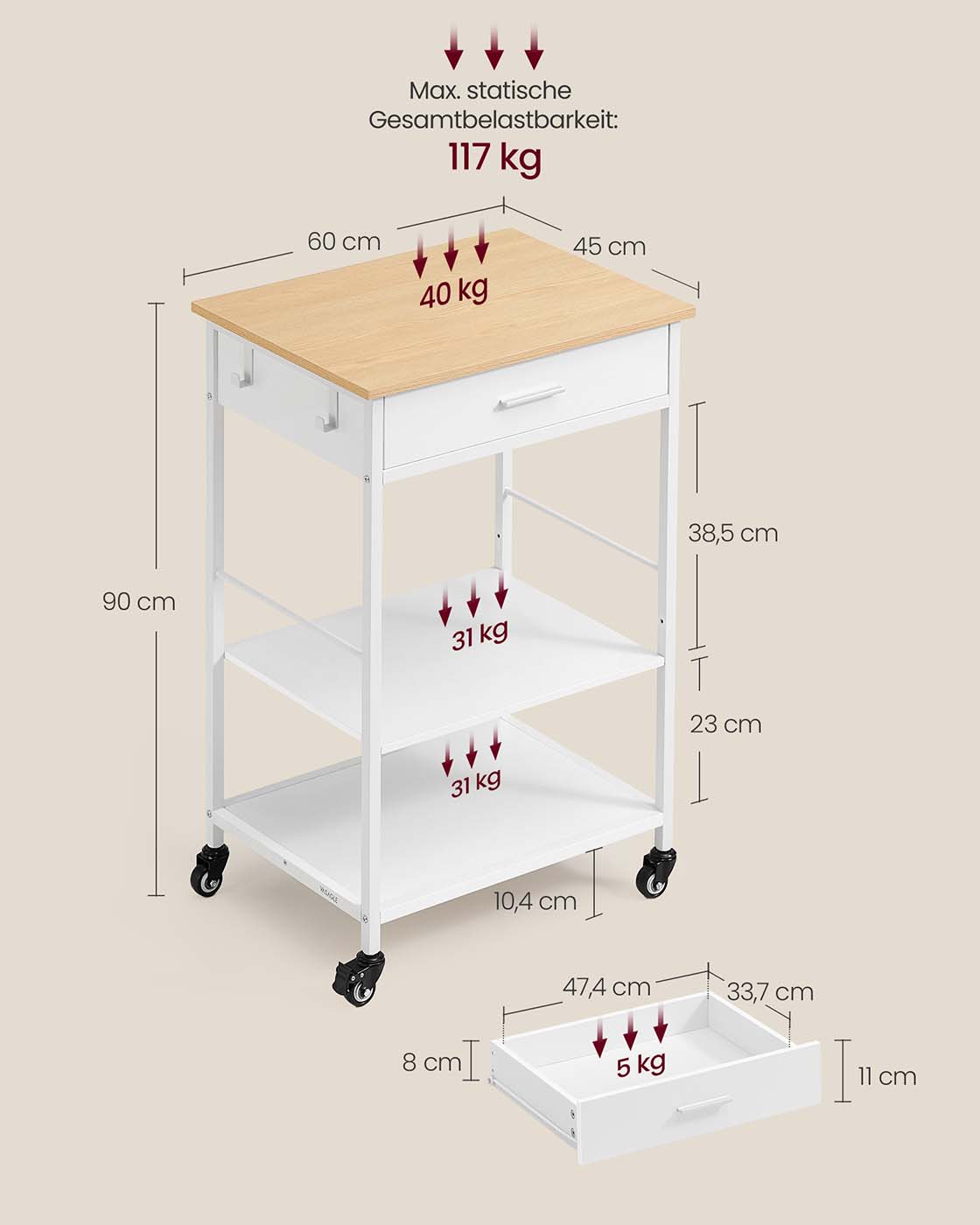 Køkkenvogn med hjul, mobil serveringsvogn med opbevaringsplads, køkkenø, 47 x 60 x 90 cm, skuffe, 2 kroge, til spisestuen, egebeg-mat hvid - Billede 6