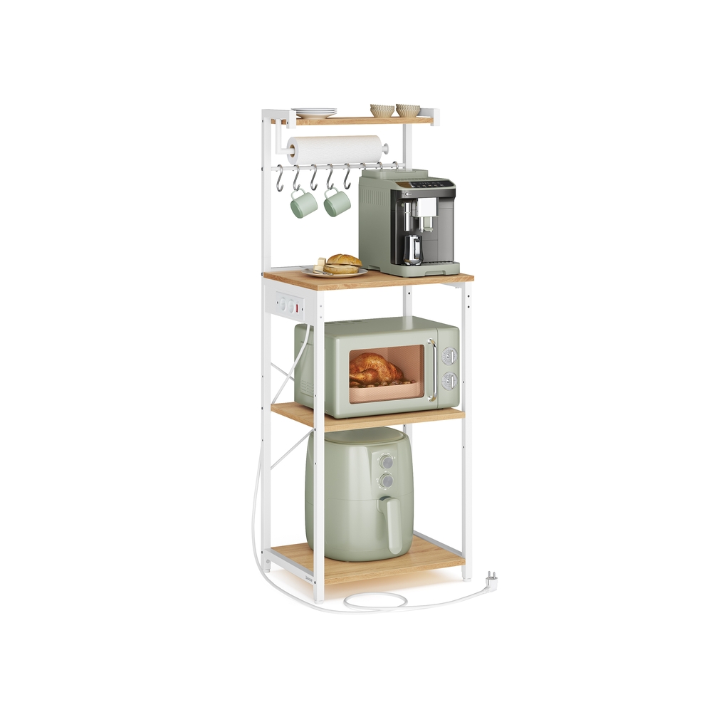 Kitchen shelf with outlets, freestanding shelf, coffee bar with 4 levels and 8 S-hooks, microwave shelf, adjustable shelf, 40 x 45 x 140 cm, golden oak-cloud white