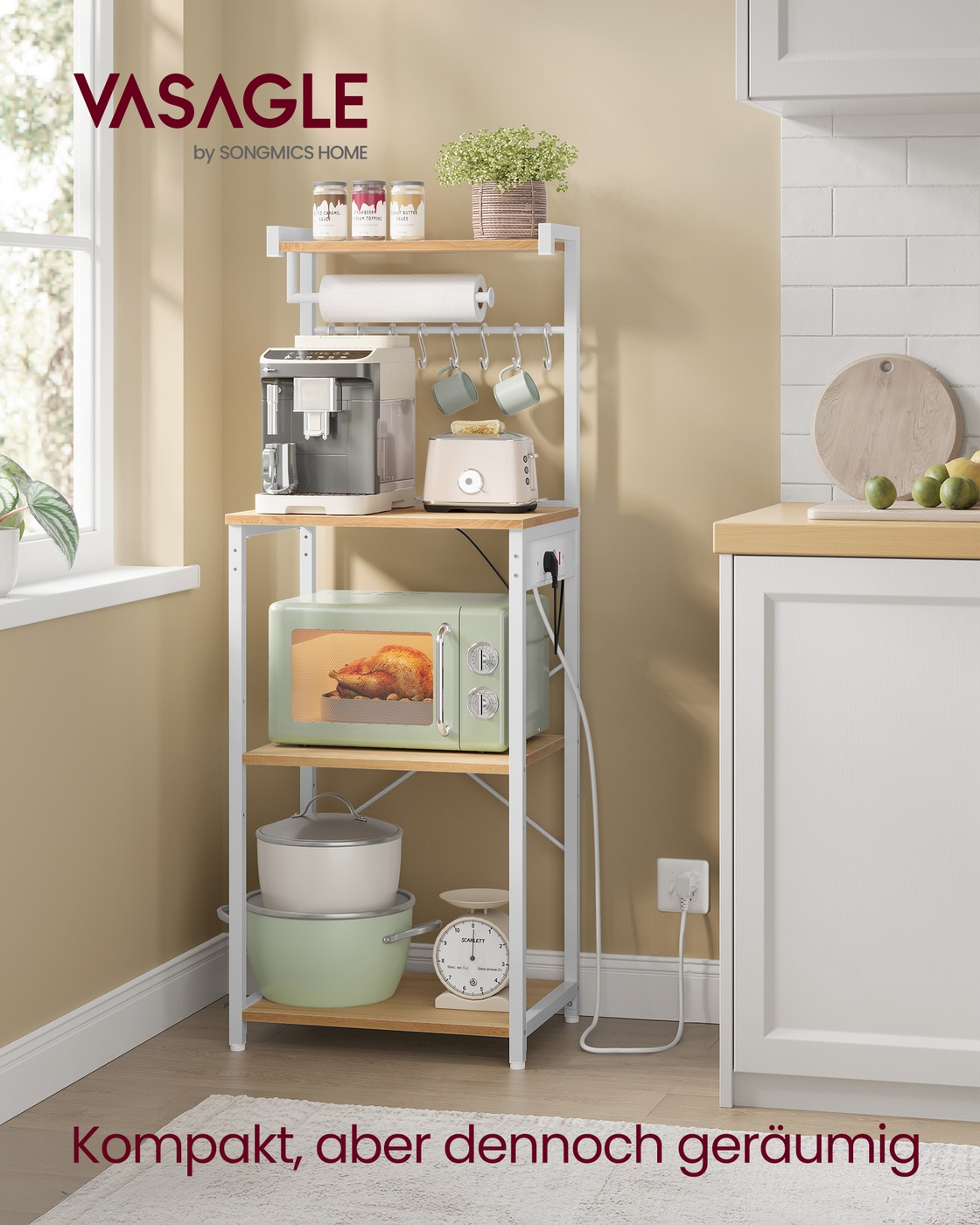 Kitchen shelf with outlets, freestanding shelf, coffee bar with 4 levels and 8 S-hooks, microwave shelf, adjustable shelf, 40 x 45 x 140 cm, golden oak-cloud white - Image 2