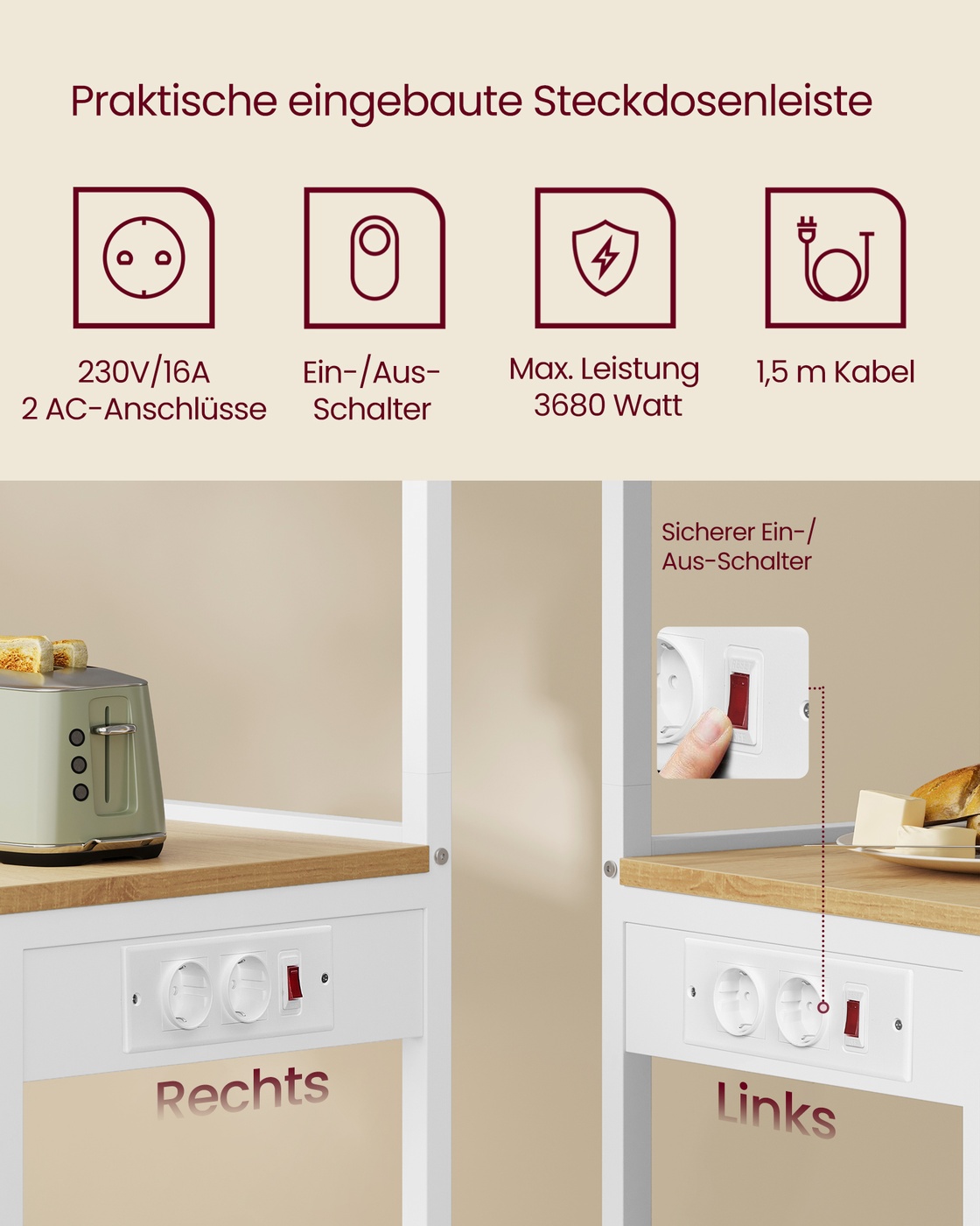 Kitchen shelf with outlets, freestanding shelf, coffee bar with 4 levels and 8 S-hooks, microwave shelf, adjustable shelf, 40 x 45 x 140 cm, golden oak-cloud white - Image 3