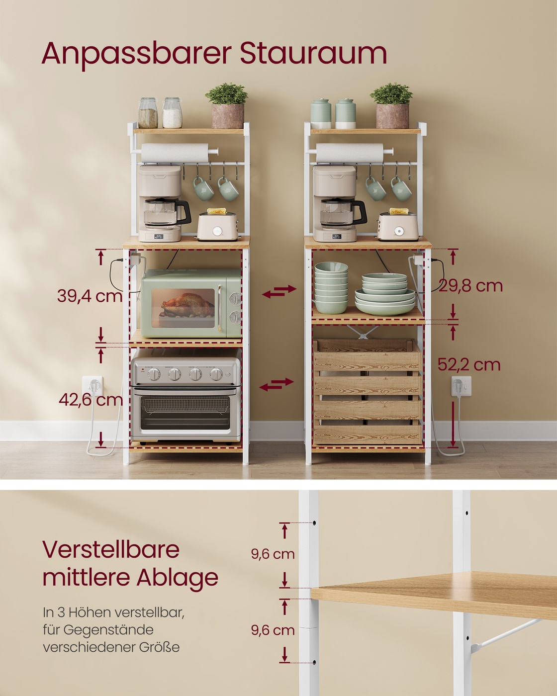Kitchen shelf with outlets, freestanding shelf, coffee bar with 4 levels and 8 S-hooks, microwave shelf, adjustable shelf, 40 x 45 x 140 cm, golden oak-cloud white - Image 4