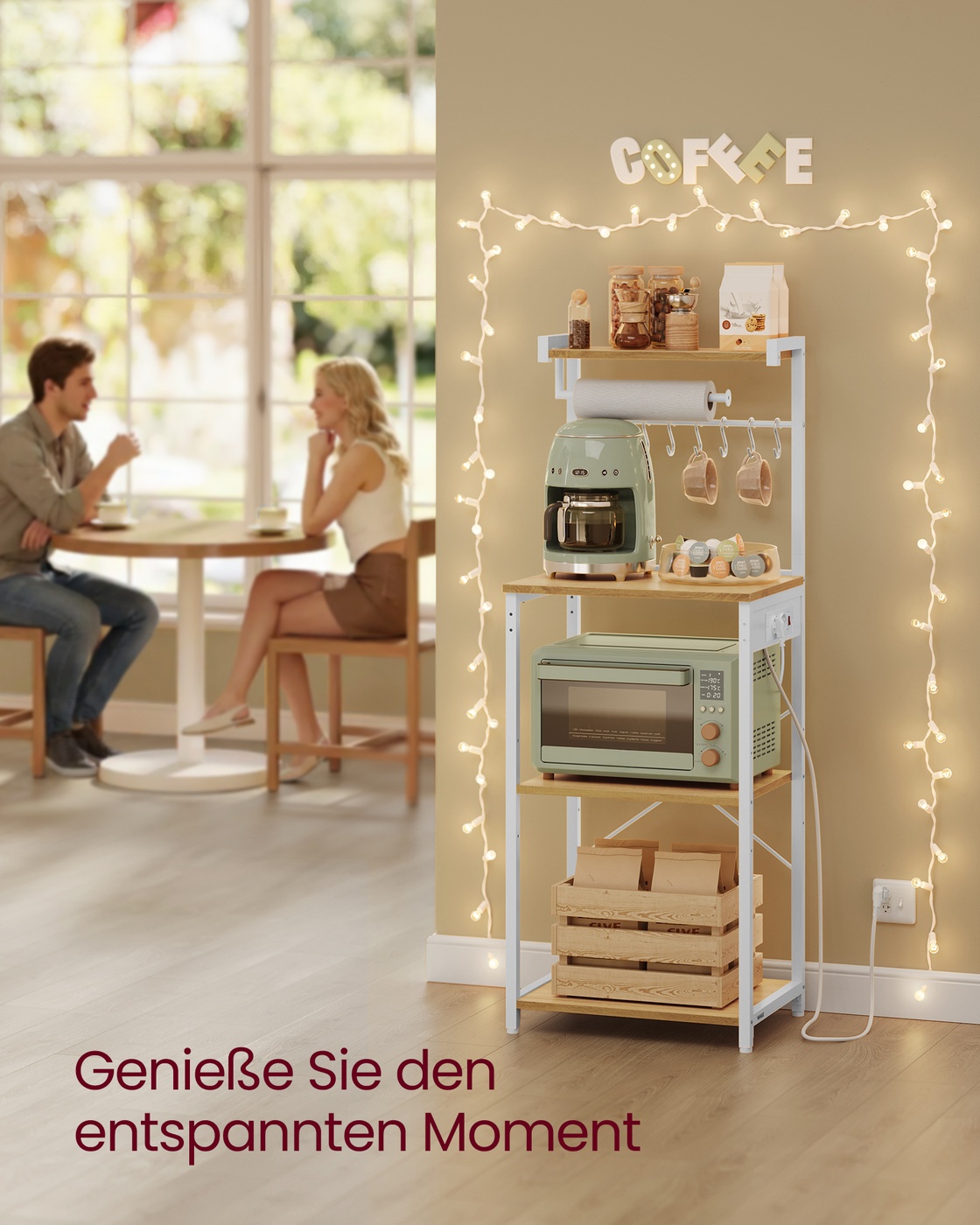 Kitchen shelf with outlets, freestanding shelf, coffee bar with 4 levels and 8 S-hooks, microwave shelf, adjustable shelf, 40 x 45 x 140 cm, golden oak-cloud white - Image 5