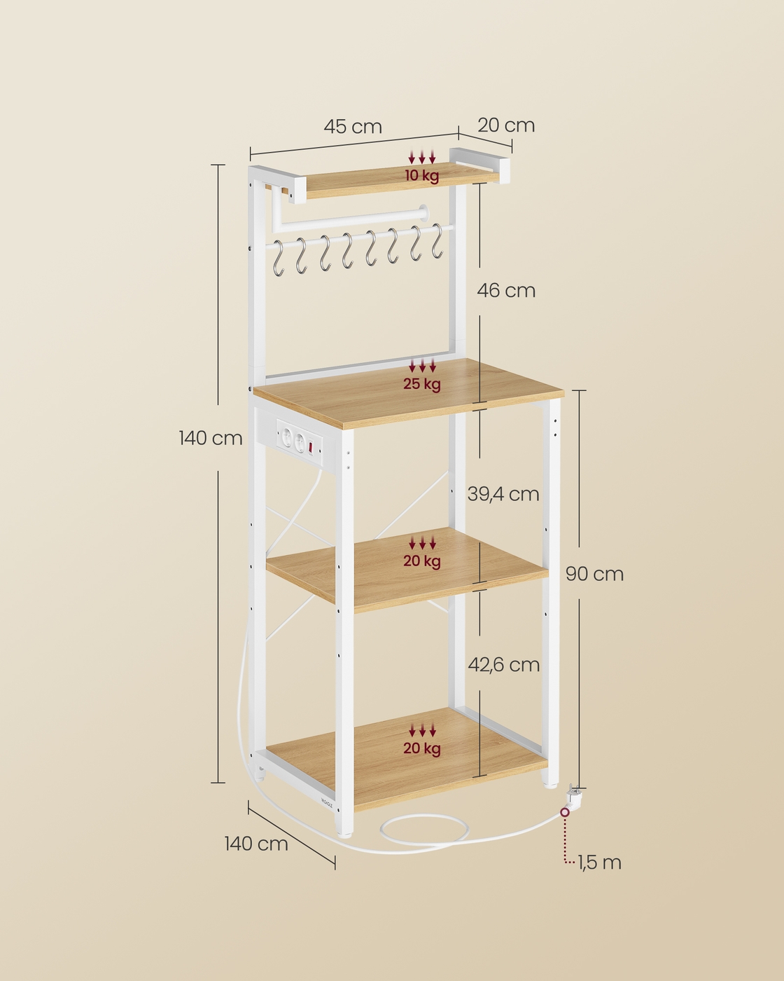 Kitchen shelf with outlets, freestanding shelf, coffee bar with 4 levels and 8 S-hooks, microwave shelf, adjustable shelf, 40 x 45 x 140 cm, golden oak-cloud white - Image 6