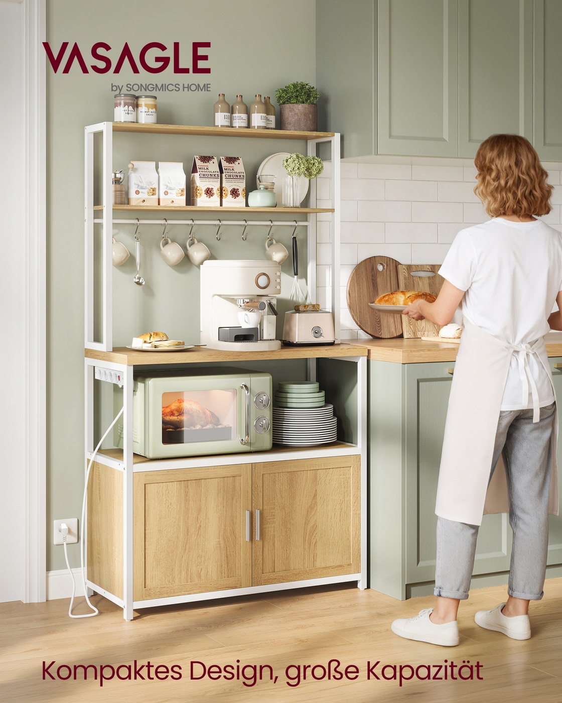 Kitchen shelf 40 x 80 x 170 cm with outlets and 8 hooks, golden oak-cloud white - Image 2