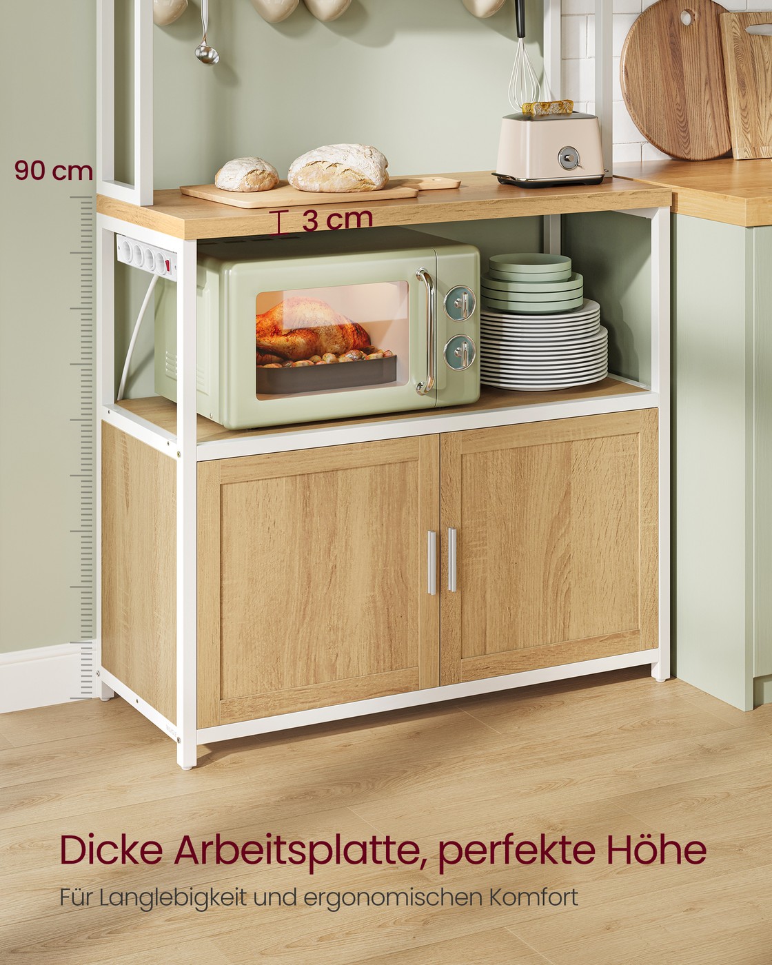 Kitchen shelf 40 x 80 x 170 cm with outlets and 8 hooks, golden oak-cloud white - Image 3
